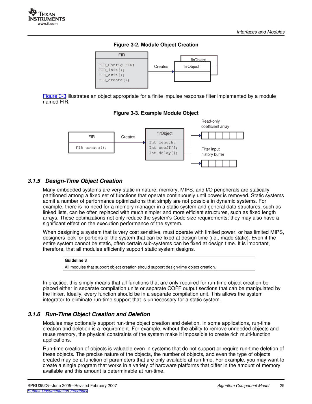 Texas Instruments TMS320 DSP manual Design-Time Object Creation, Run-Time Object Creation and Deletion 