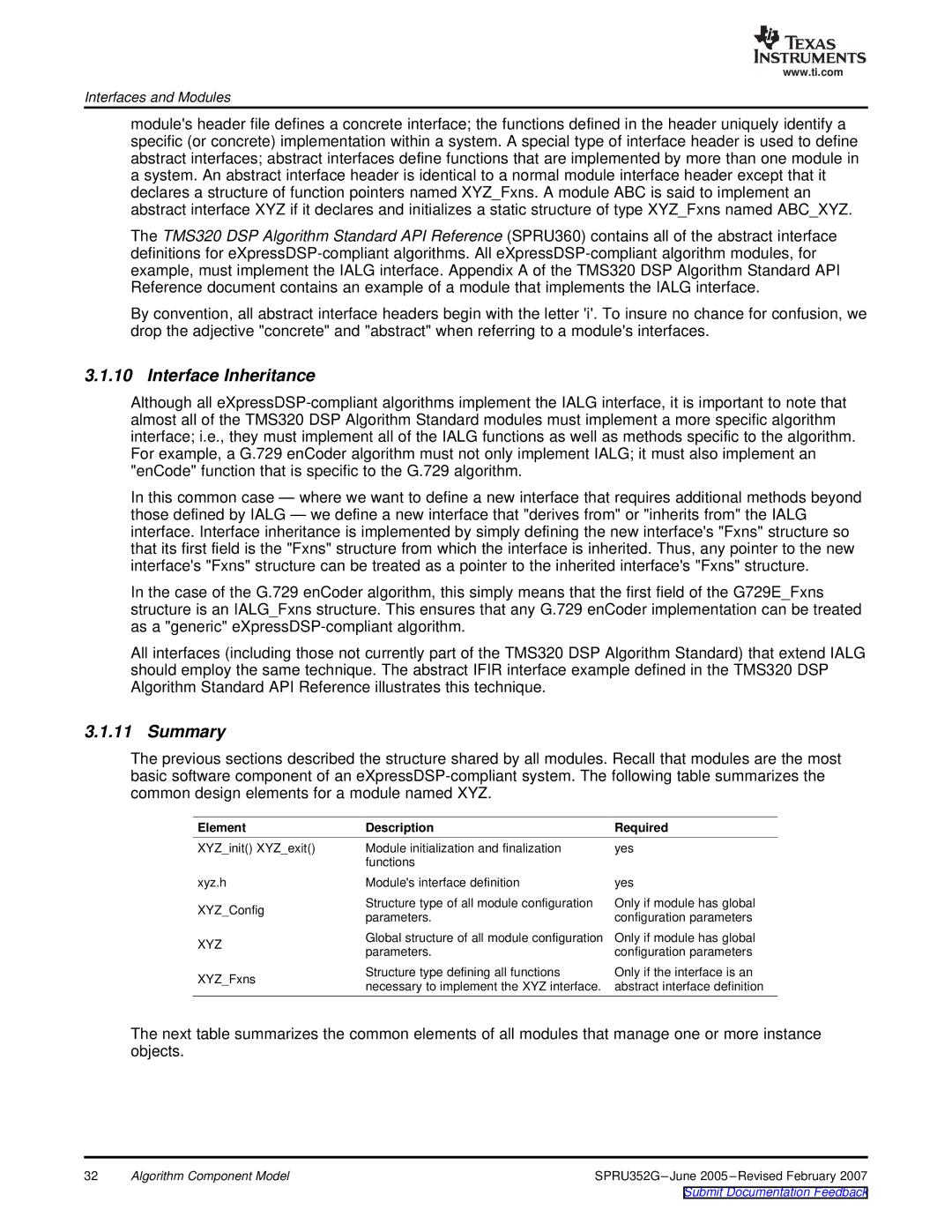 Texas Instruments TMS320 DSP manual Interface Inheritance, Summary, Element, Description Required 