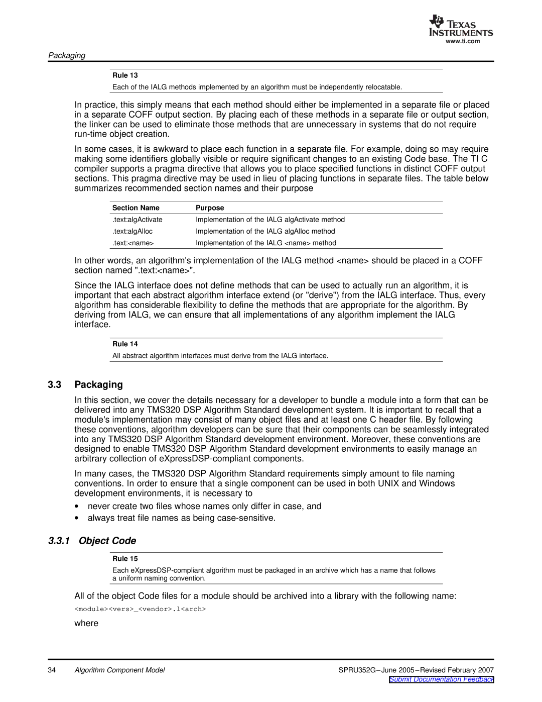 Texas Instruments TMS320 DSP manual Packaging, Object Code 