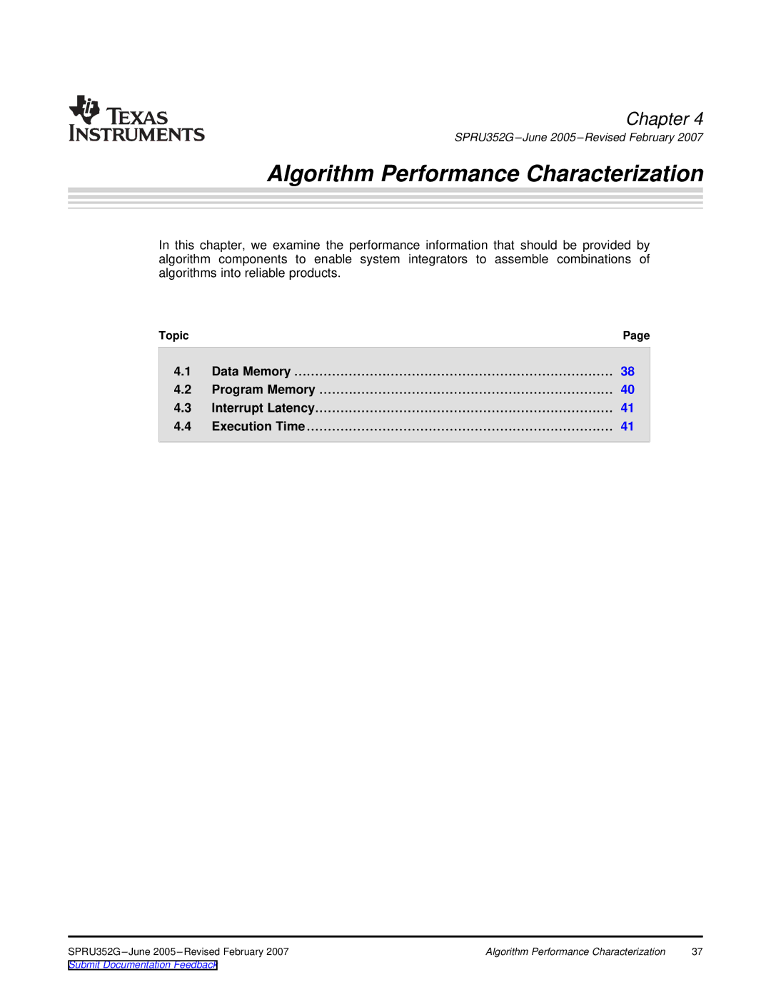 Texas Instruments TMS320 DSP manual Algorithm Performance Characterization 