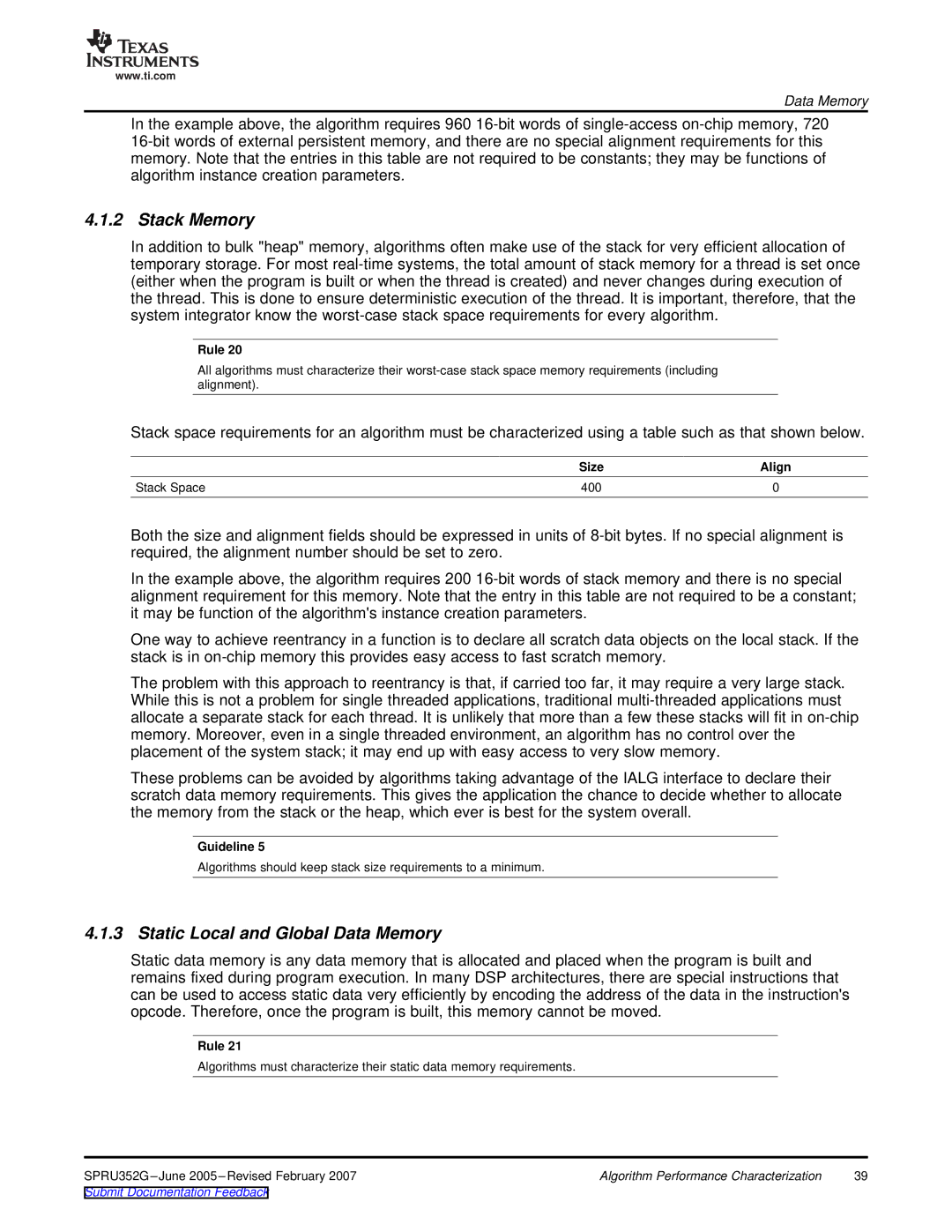 Texas Instruments TMS320 DSP manual Stack Memory, Static Local and Global Data Memory 