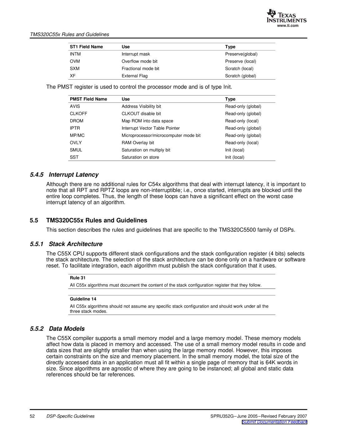 Texas Instruments TMS320 DSP manual TMS320C55x Rules and Guidelines, Stack Architecture, Pmst Field Name Use Type 