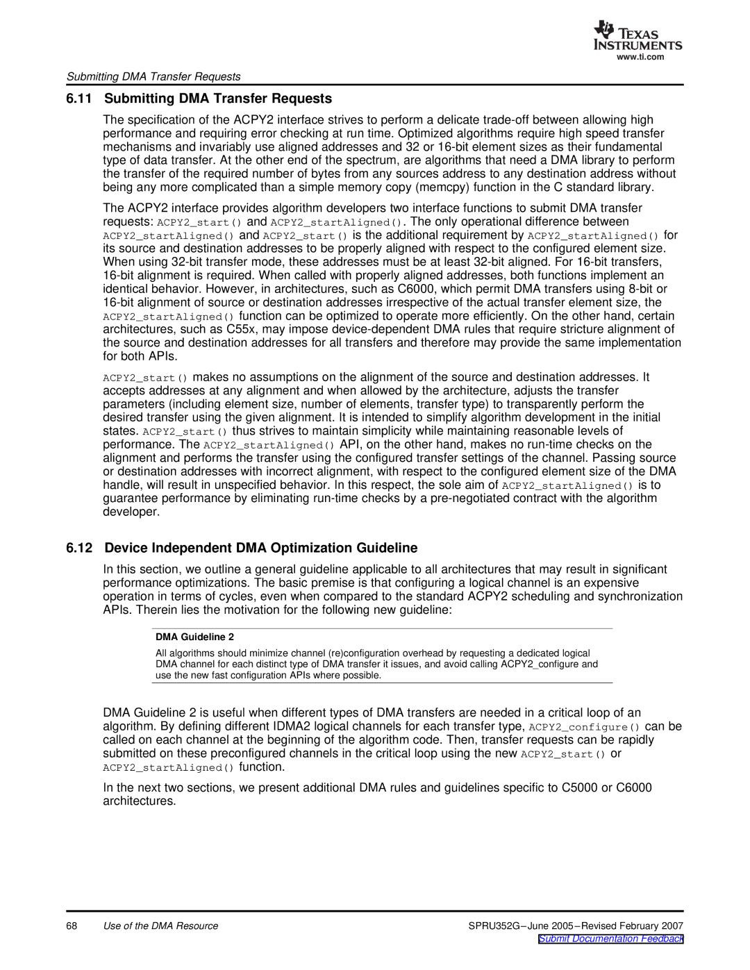 Texas Instruments TMS320 DSP manual Submitting DMA Transfer Requests, Device Independent DMA Optimization Guideline 