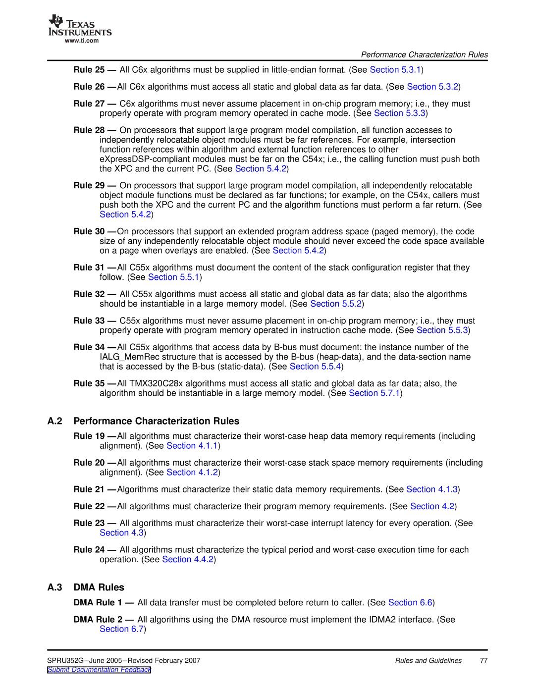 Texas Instruments TMS320 DSP manual Performance Characterization Rules, DMA Rules 