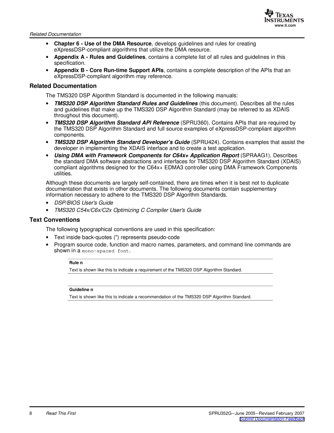 Texas Instruments TMS320 DSP manual Related Documentation, Text Conventions, Rule n, Guideline n 