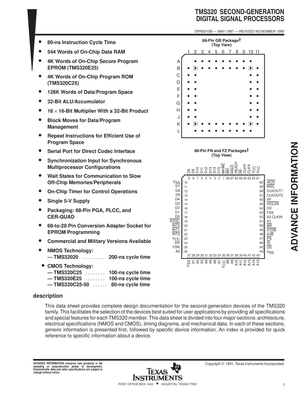 Texas Instruments specifications TMS320 SECOND-GENERATION Digital Signal Processors, Description 