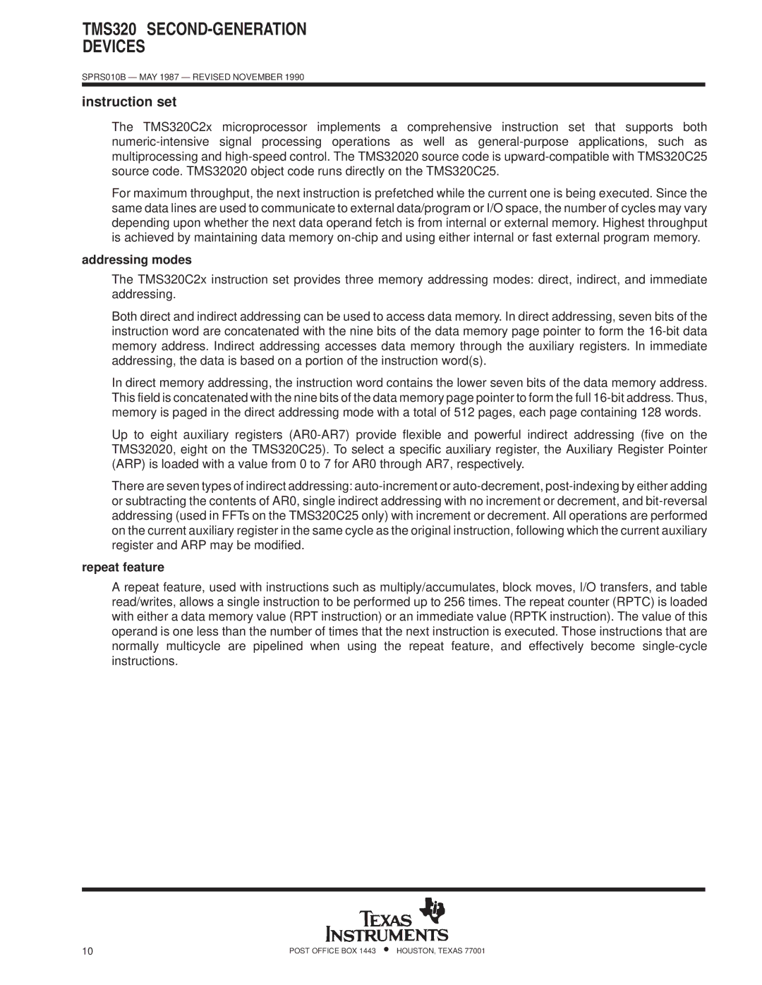 Texas Instruments TMS320 specifications Instruction set, Addressing modes, Repeat feature 