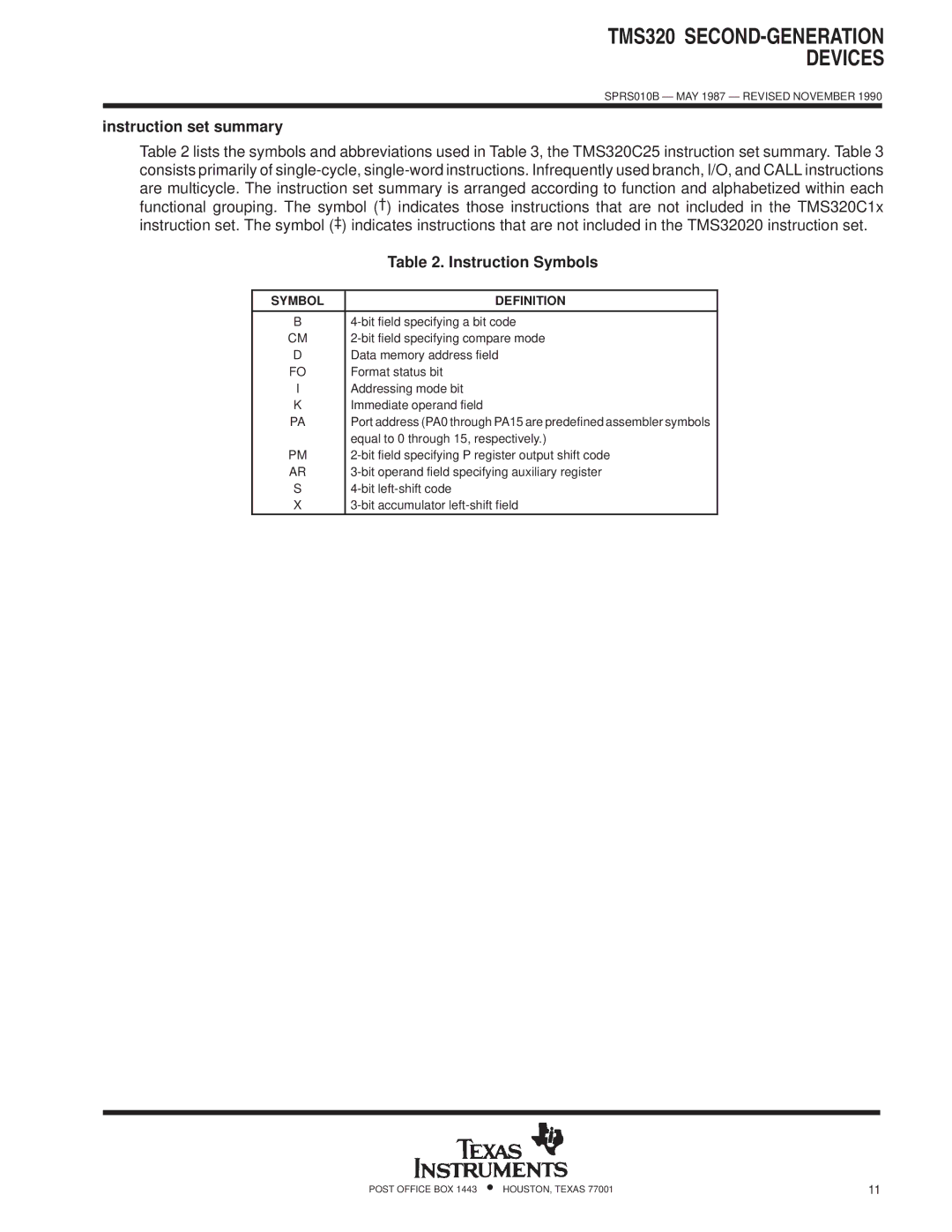 Texas Instruments TMS320 specifications Instruction set summary, Instruction Symbols, Symbol Definition 