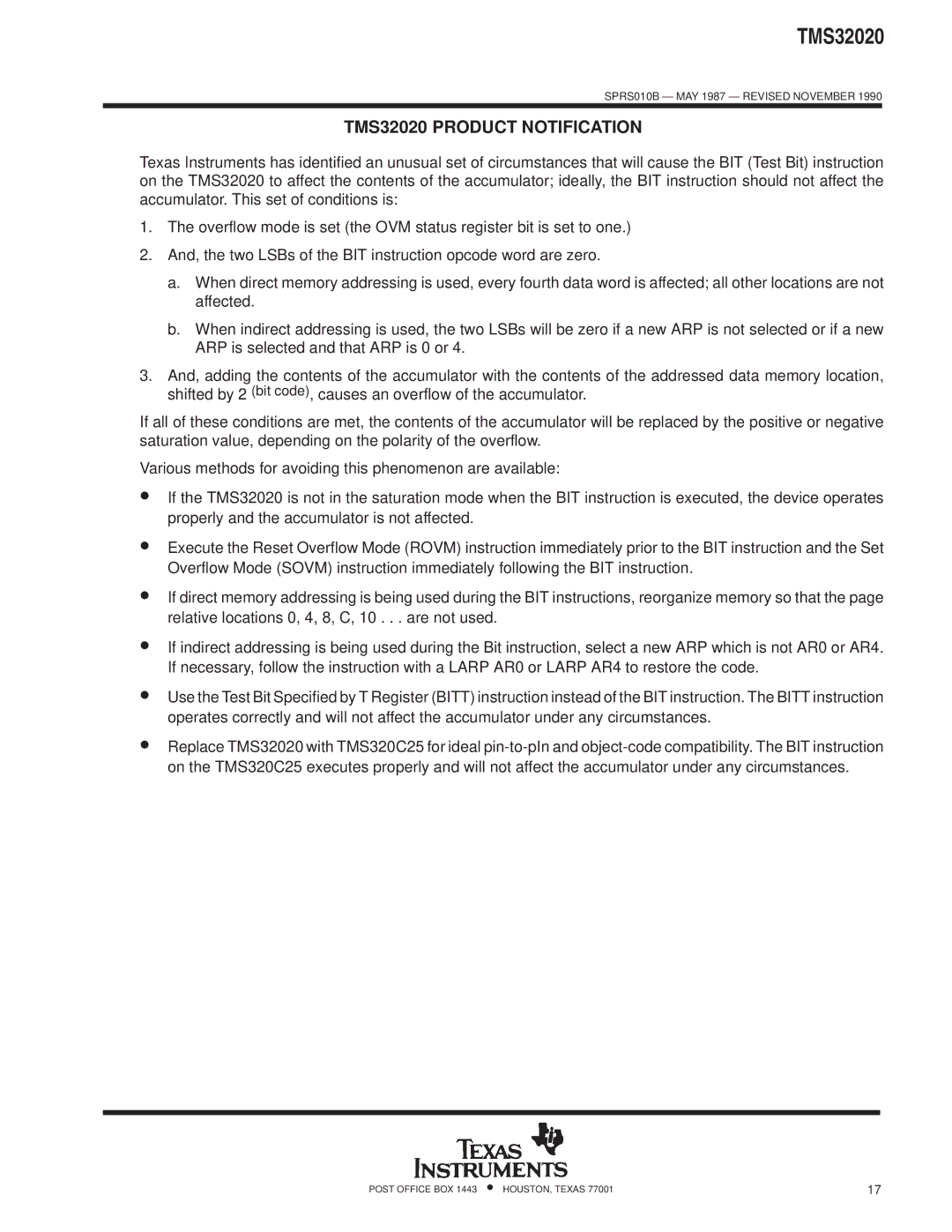 Texas Instruments specifications TMS32020 Product Notification 