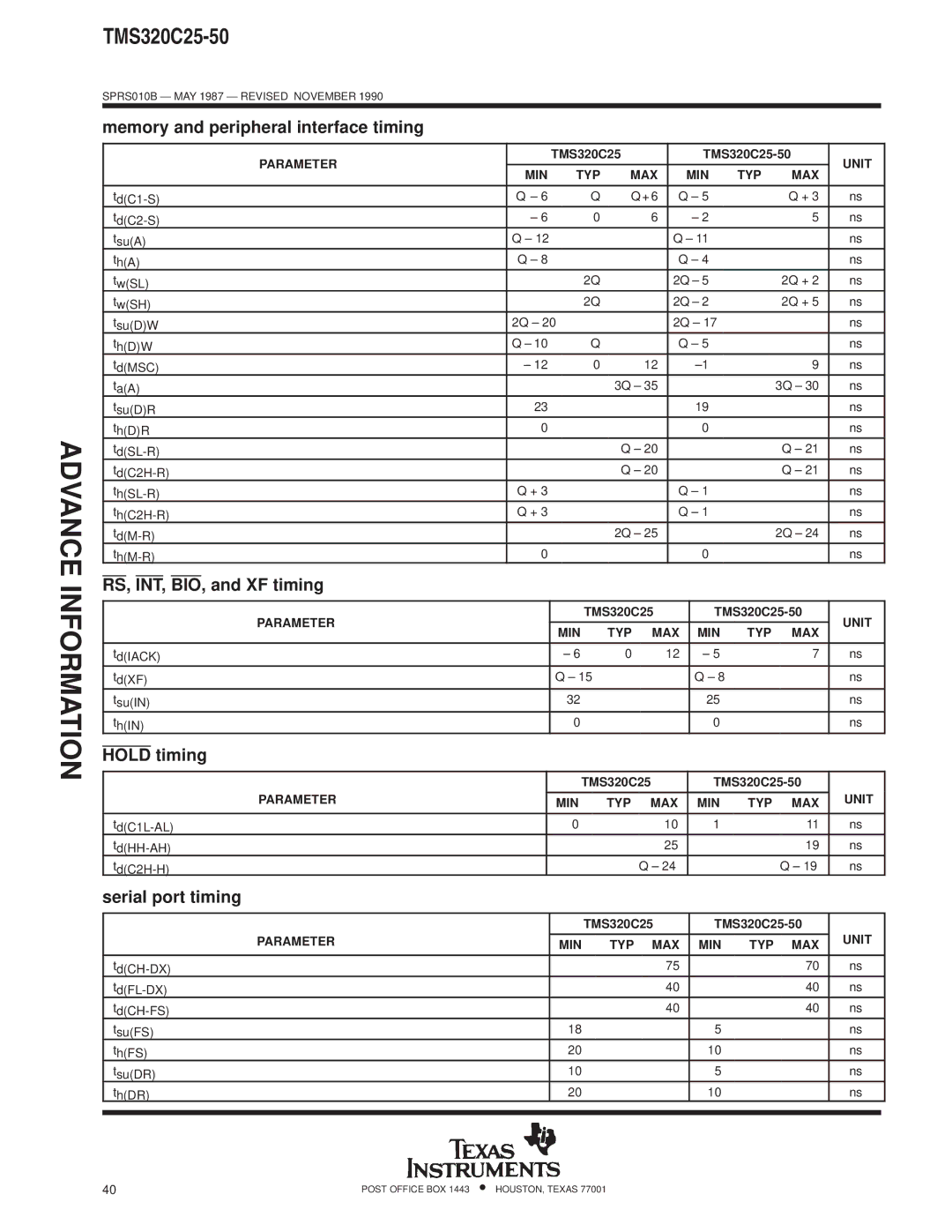 Texas Instruments TMS320 specifications Memory and peripheral interface timing, RS, INT, BIO, and XF timing, Hold timing 