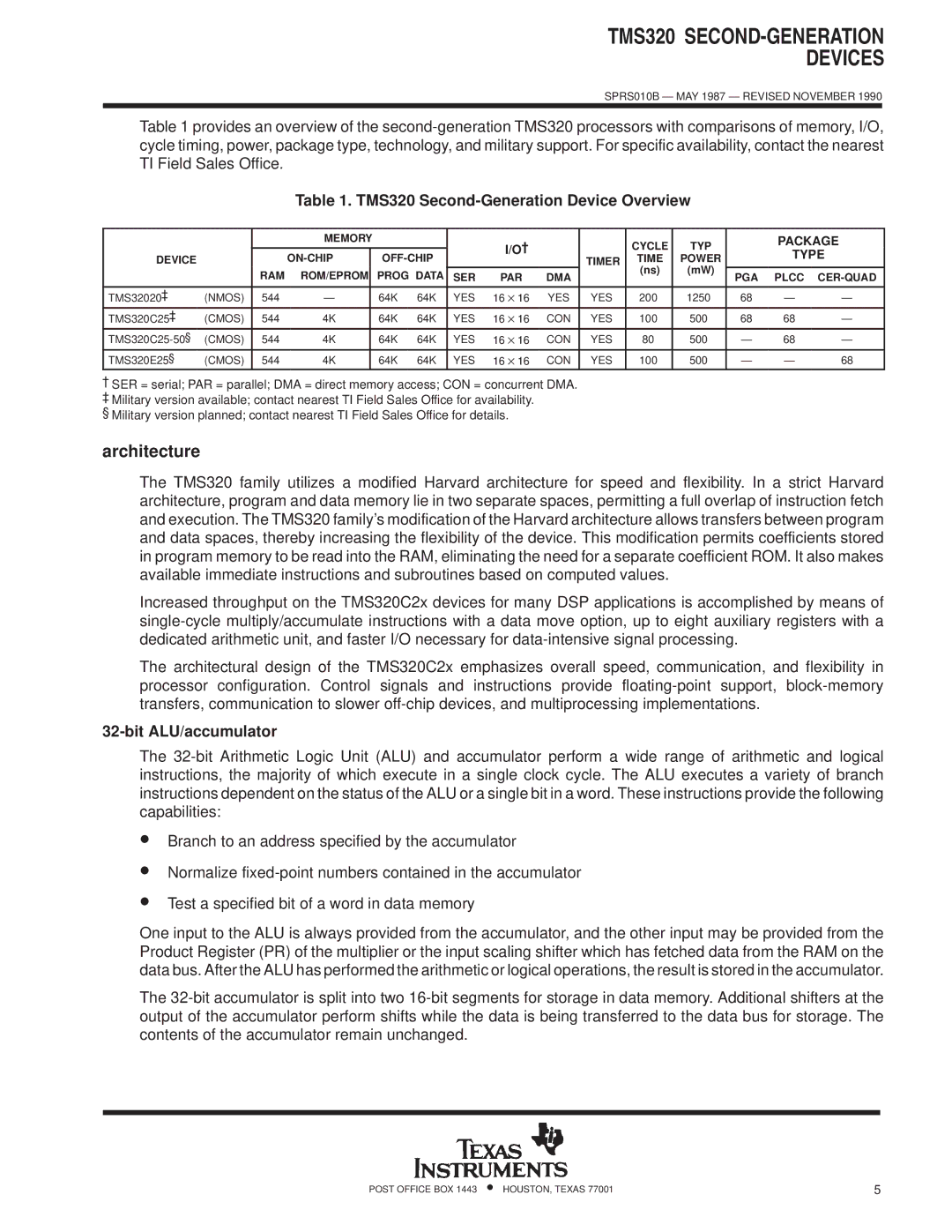 Texas Instruments specifications Architecture, TMS320 Second-Generation Device Overview, Package, Type 