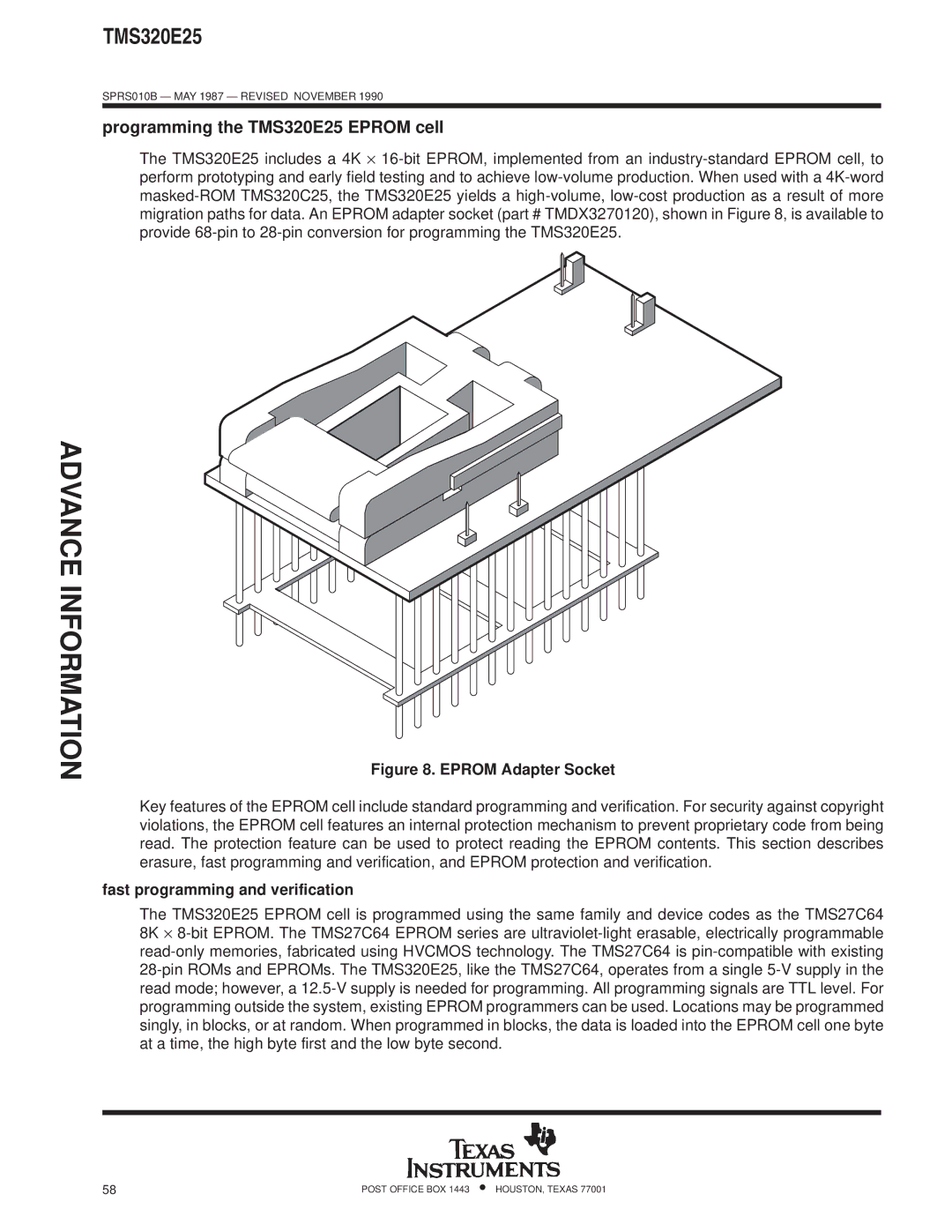 Texas Instruments specifications Programming the TMS320E25 Eprom cell, Fast programming and verification 