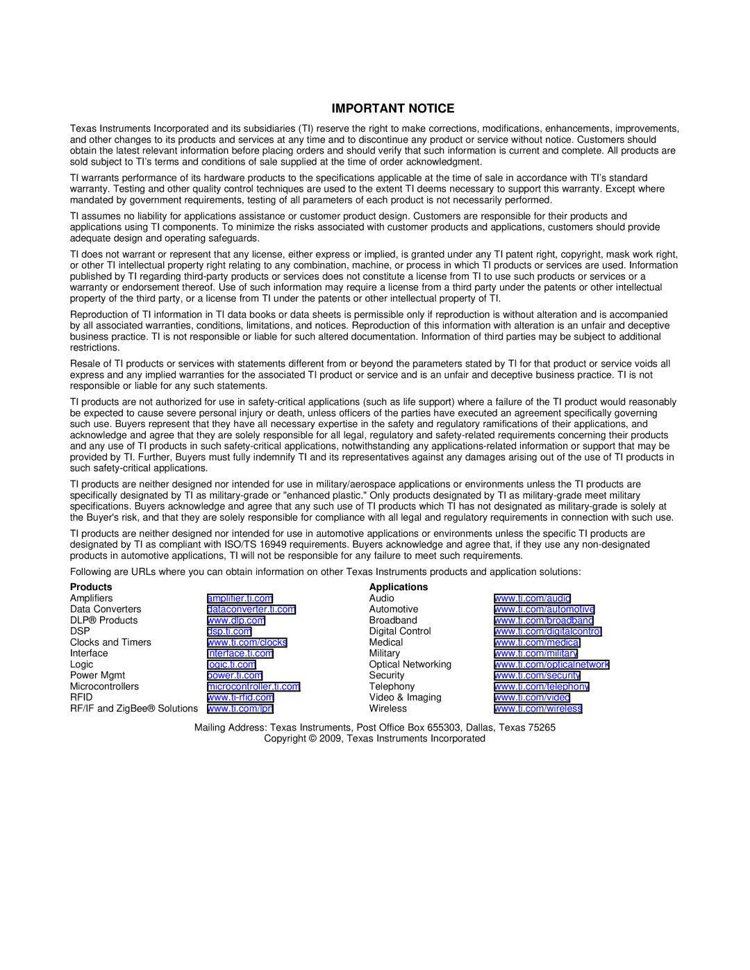 Texas Instruments TMS320 specifications Important Notice 