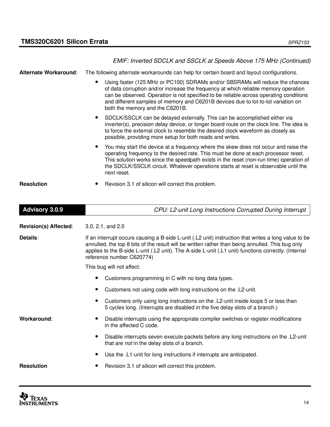 Texas Instruments TMS320C6201 manual CPU L2-unit Long Instructions Corrupted During Interrupt 