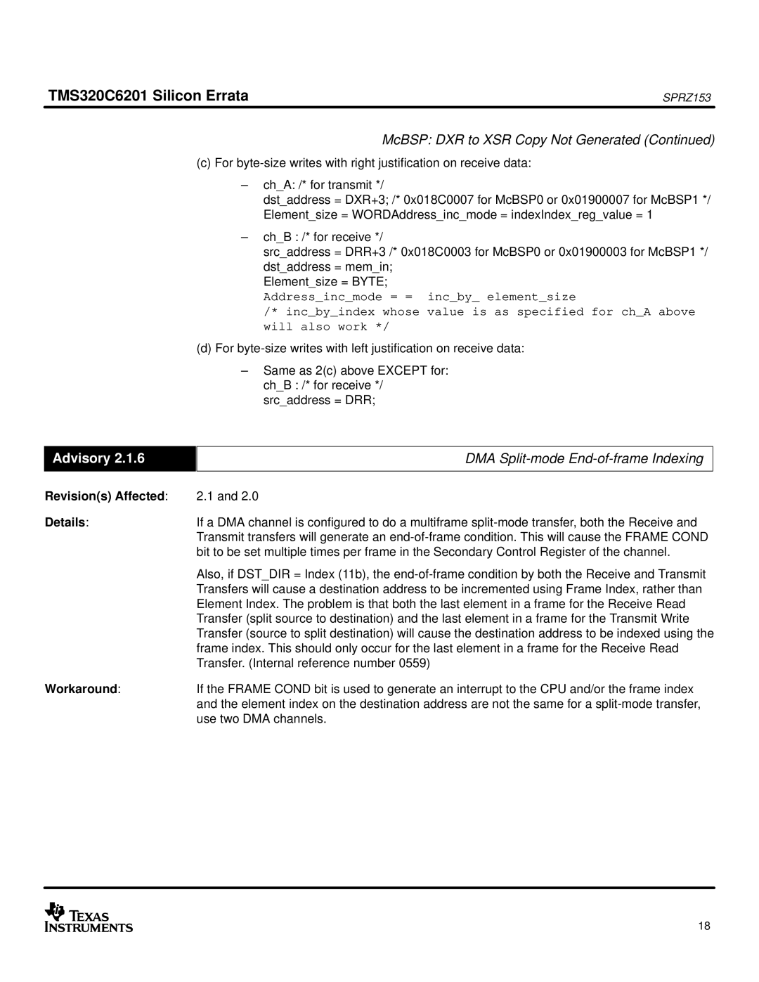 Texas Instruments TMS320C6201 manual DMA Split-mode End-of-frame Indexing 