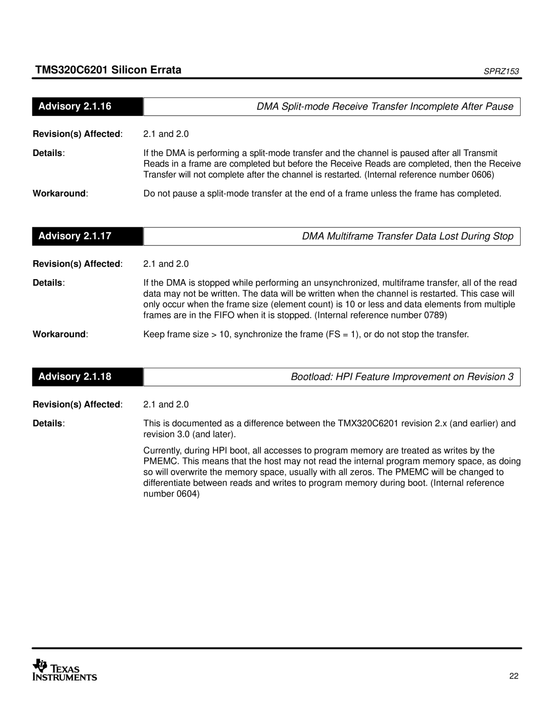 Texas Instruments TMS320C6201 manual DMA Split-mode Receive Transfer Incomplete After Pause 