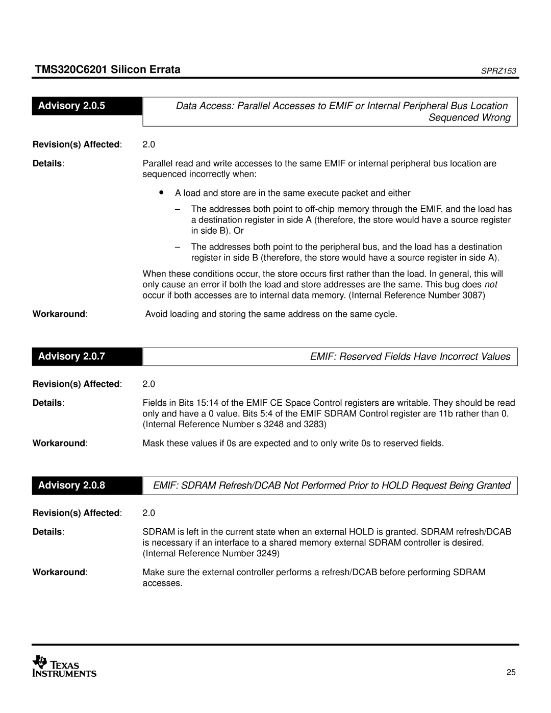 Texas Instruments TMS320C6201 manual Emif Reserved Fields Have Incorrect Values 