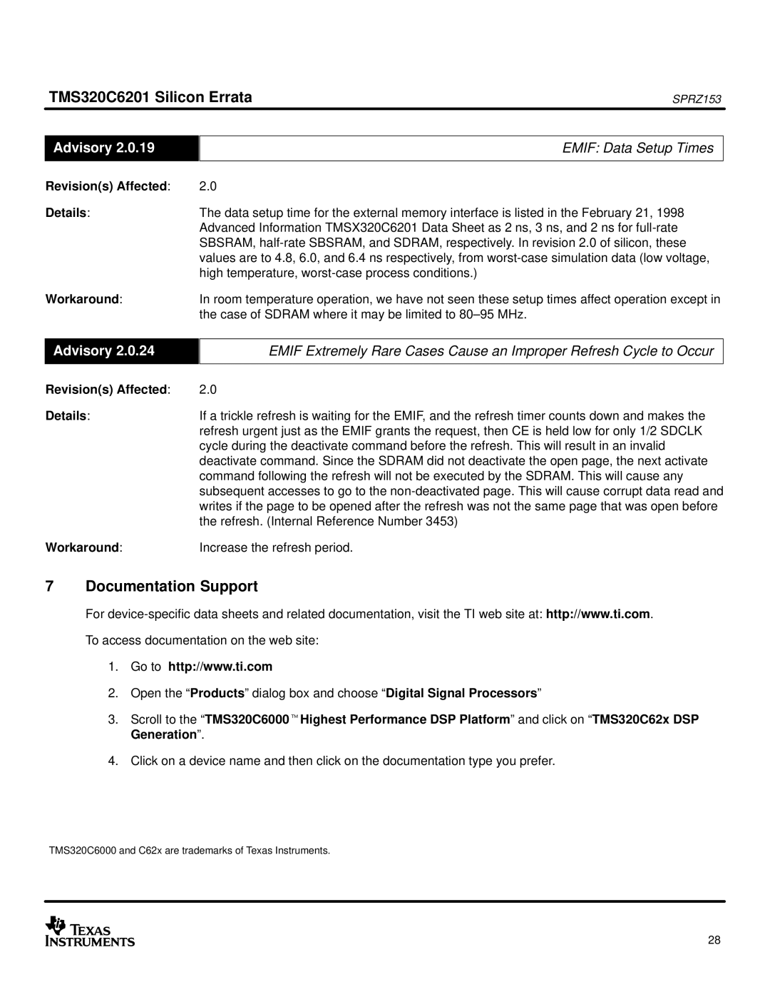 Texas Instruments TMS320C6201 manual Documentation Support, Emif Data Setup Times 