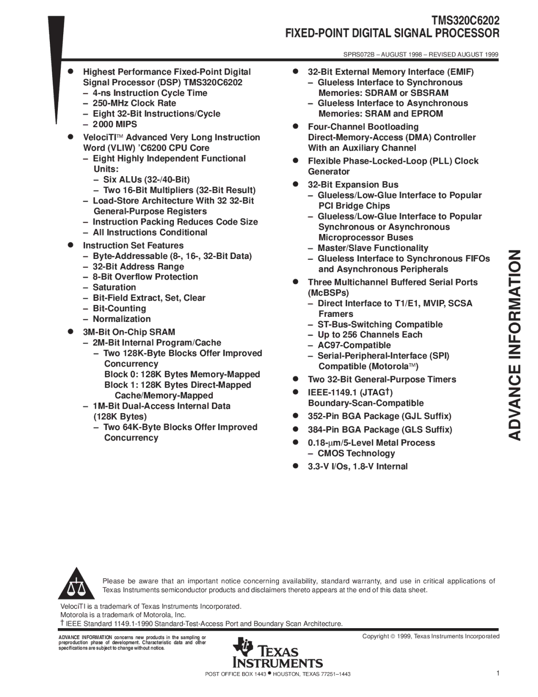 Texas Instruments TMS320C6202 specifications Advance Information 