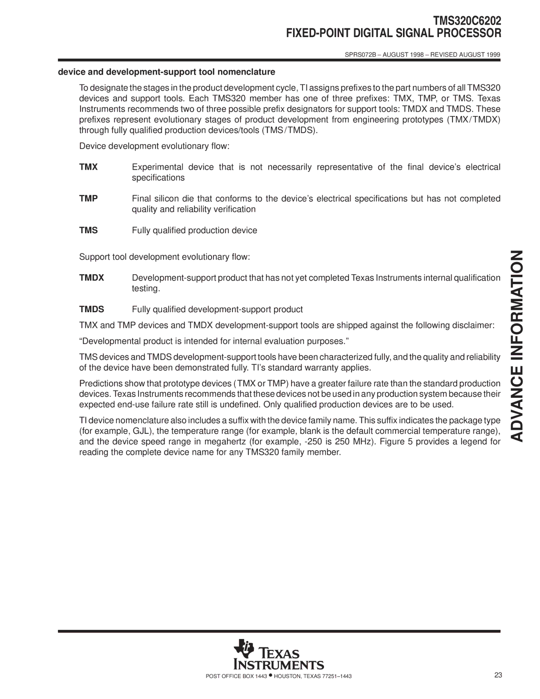 Texas Instruments TMS320C6202 specifications Tms 