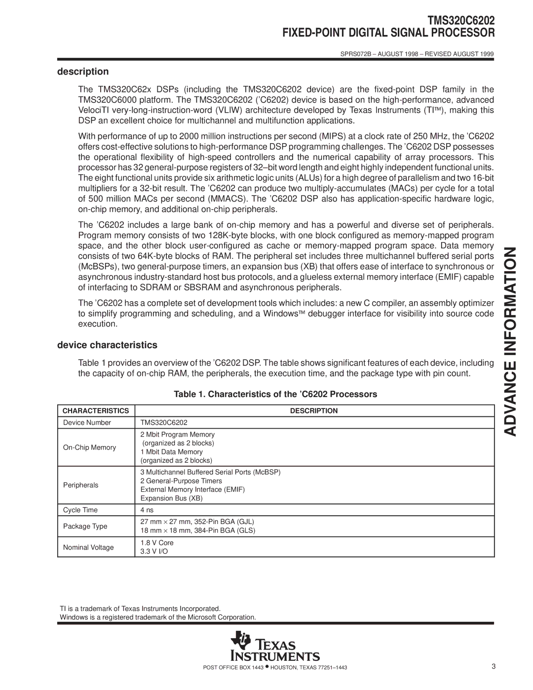 Texas Instruments TMS320C6202 specifications Device characteristics, Characteristics Description 