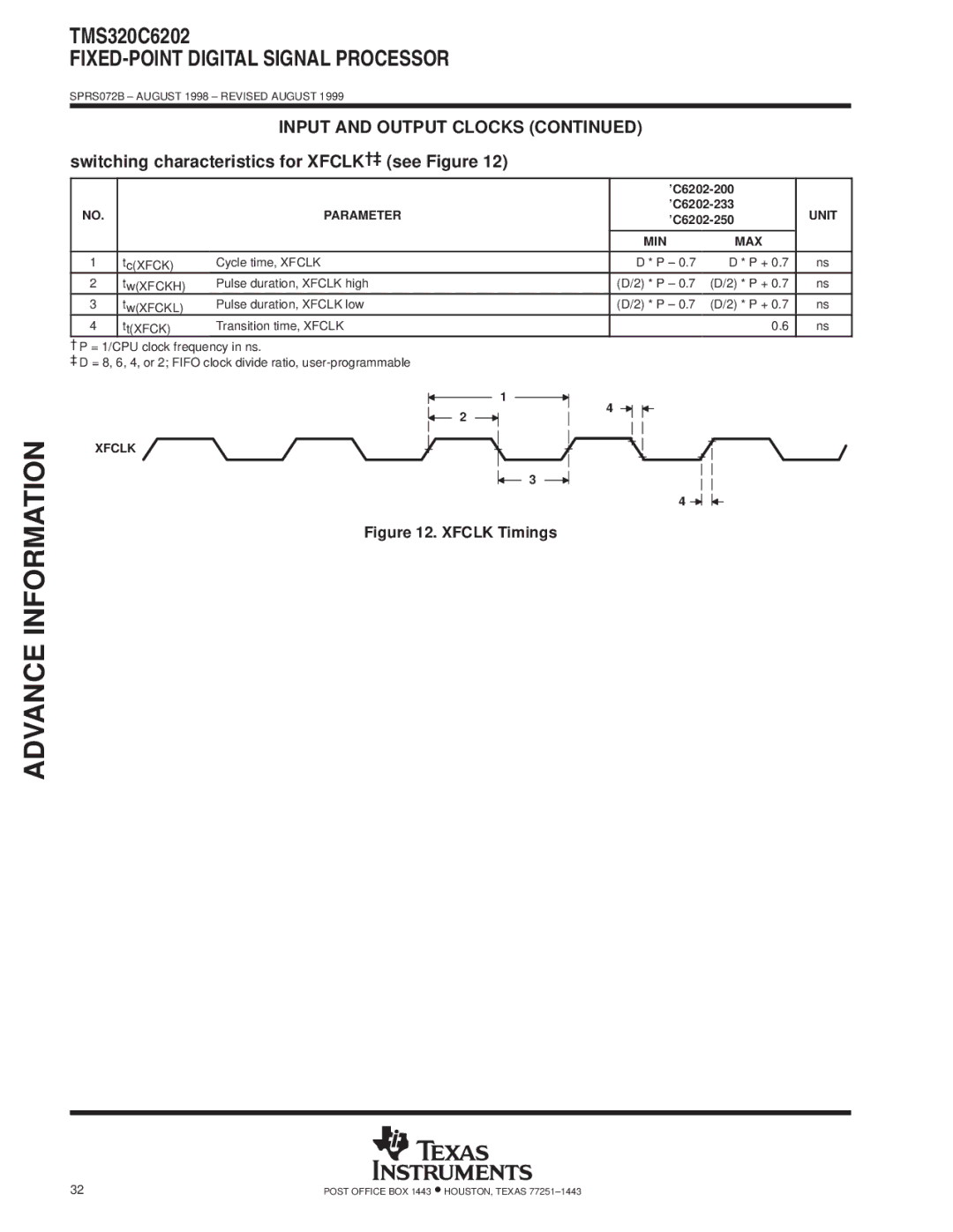 Texas Instruments TMS320C6202 specifications Switching characteristics for XFCLK²³ see Figure, Xfclk Timings 