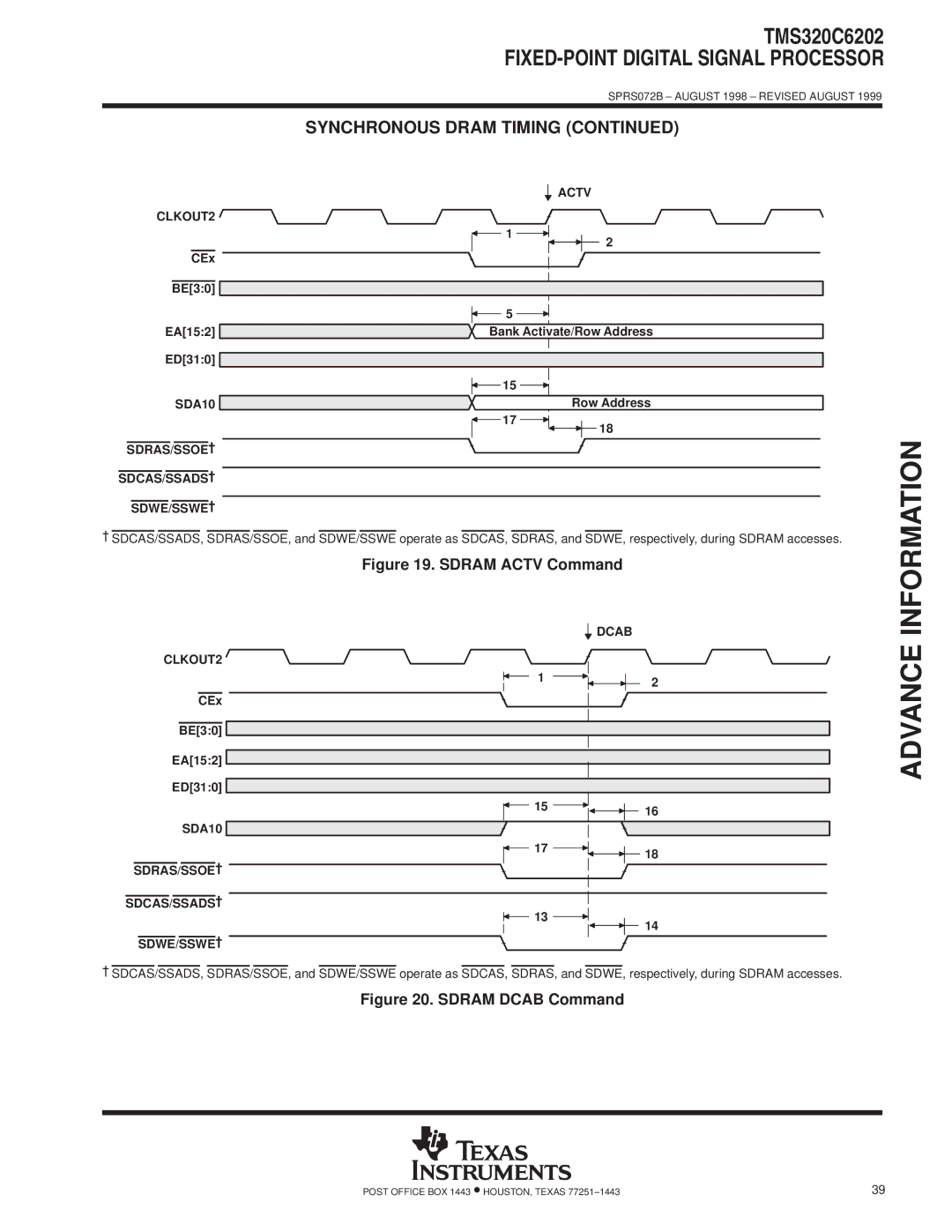 Texas Instruments TMS320C6202 specifications Actv, Dcab, SDA10 SDRAS/SSOE² SDCAS/SSADS² SDWE/SSWE² 