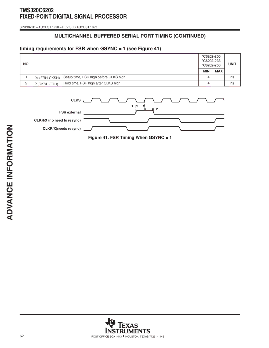 Texas Instruments TMS320C6202 specifications Timing requirements for FSR when Gsync = 1 see Figure, Clks 