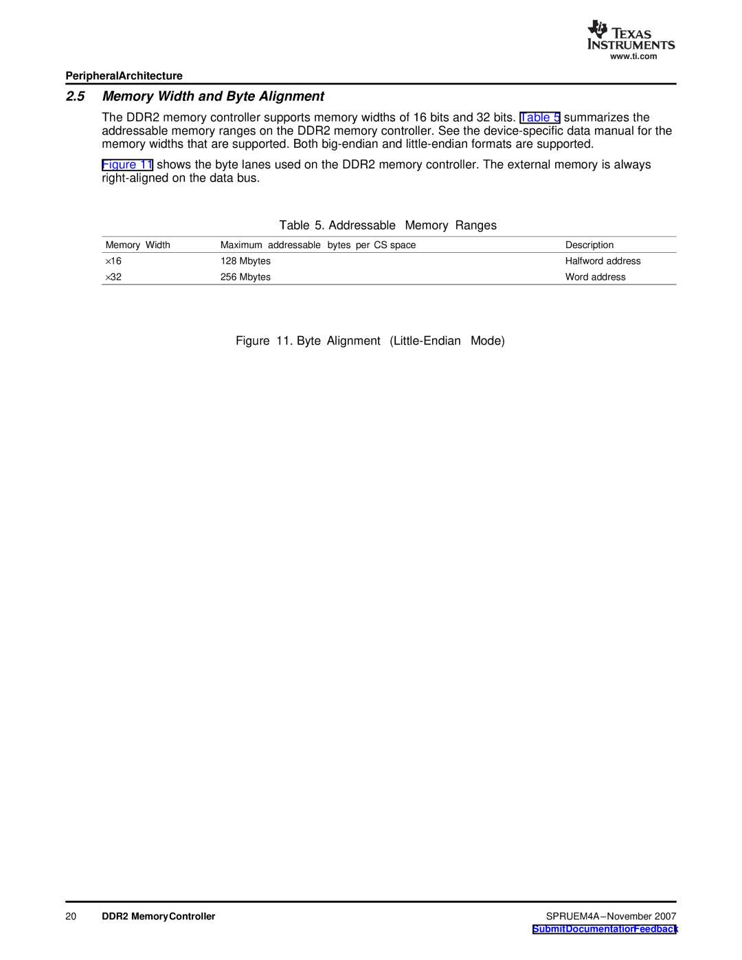 Texas Instruments TMS320C642x DSP manual Memory Width and Byte Alignment, Addressable Memory Ranges 