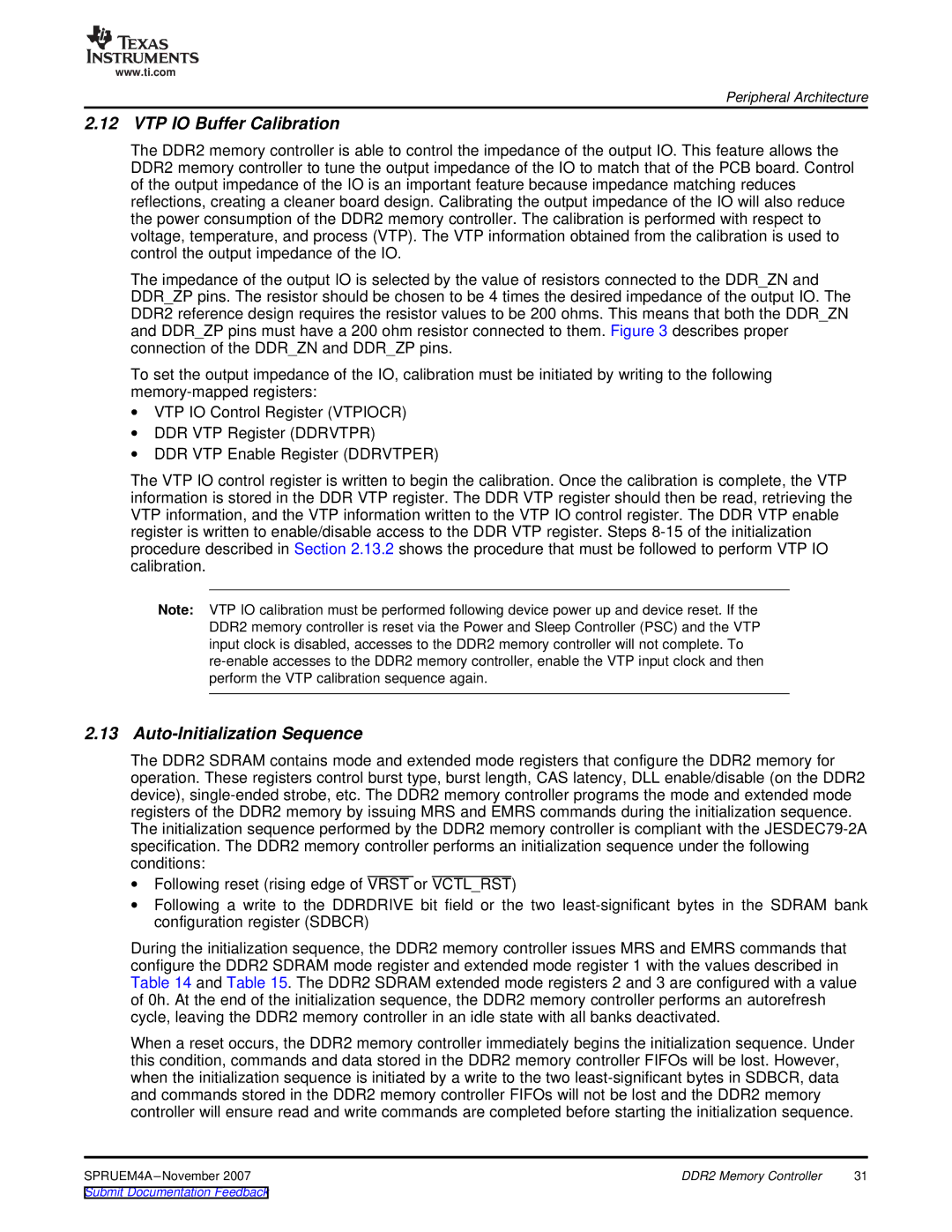 Texas Instruments TMS320C642x DSP manual VTP IO Buffer Calibration, Auto-Initialization Sequence 