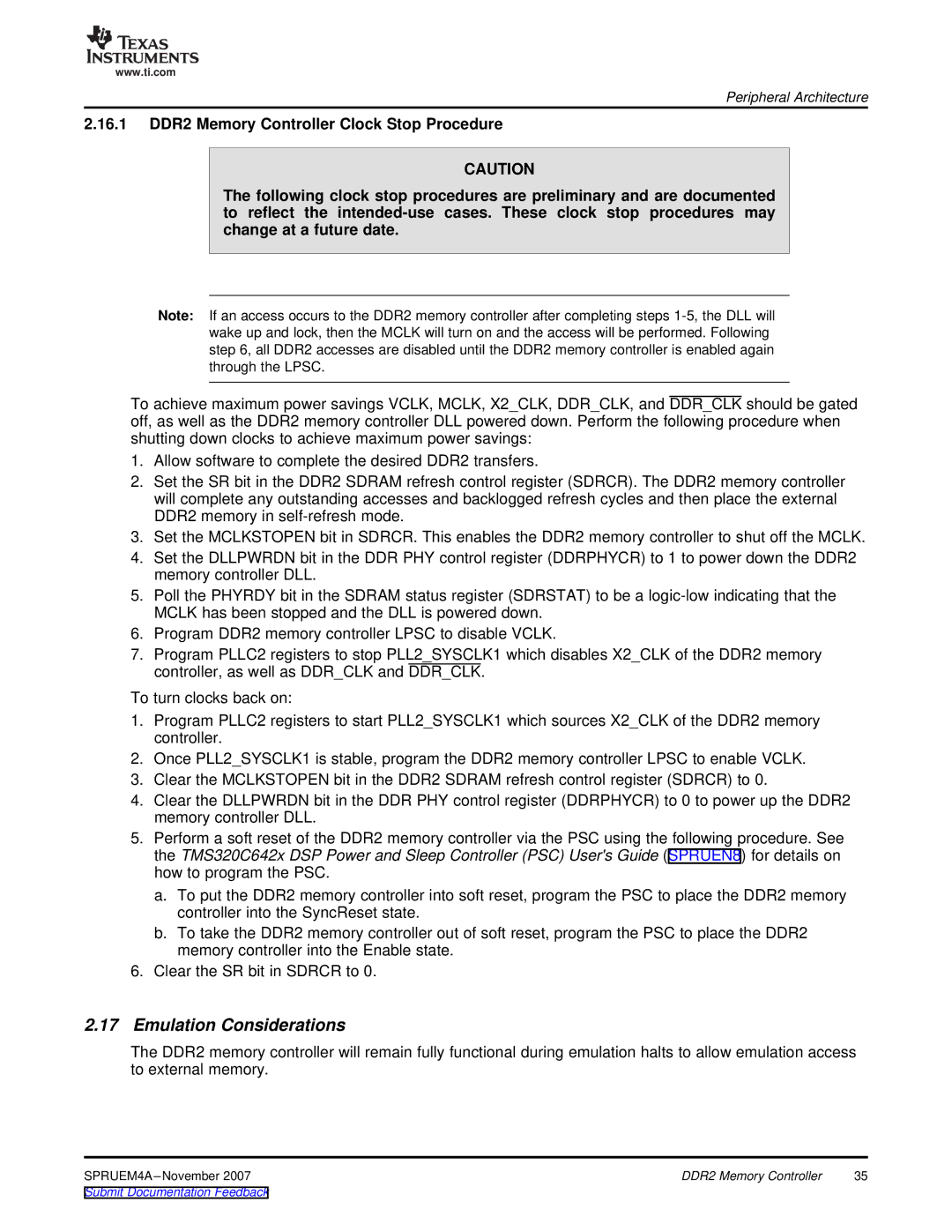 Texas Instruments TMS320C642x DSP manual Emulation Considerations 