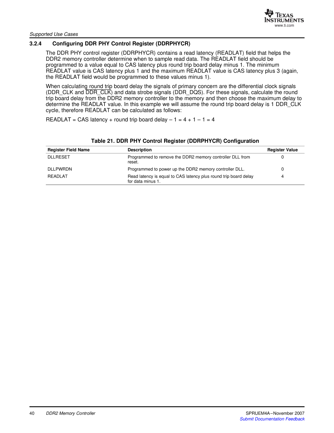 Texas Instruments TMS320C642x DSP manual Configuring DDR PHY Control Register Ddrphycr, Register Field Name Description 