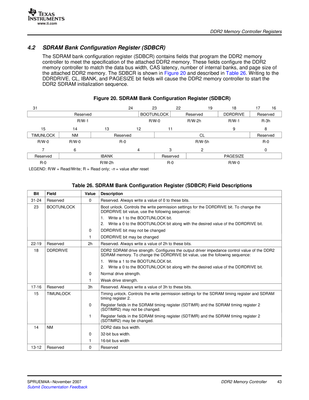 Texas Instruments TMS320C642x DSP manual Sdram Bank Configuration Register Sdbcr, Bit Field Value Description 