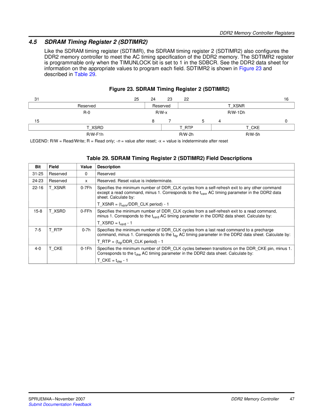 Texas Instruments TMS320C642x DSP manual Sdram Timing Register 2 SDTIMR2 Field Descriptions 