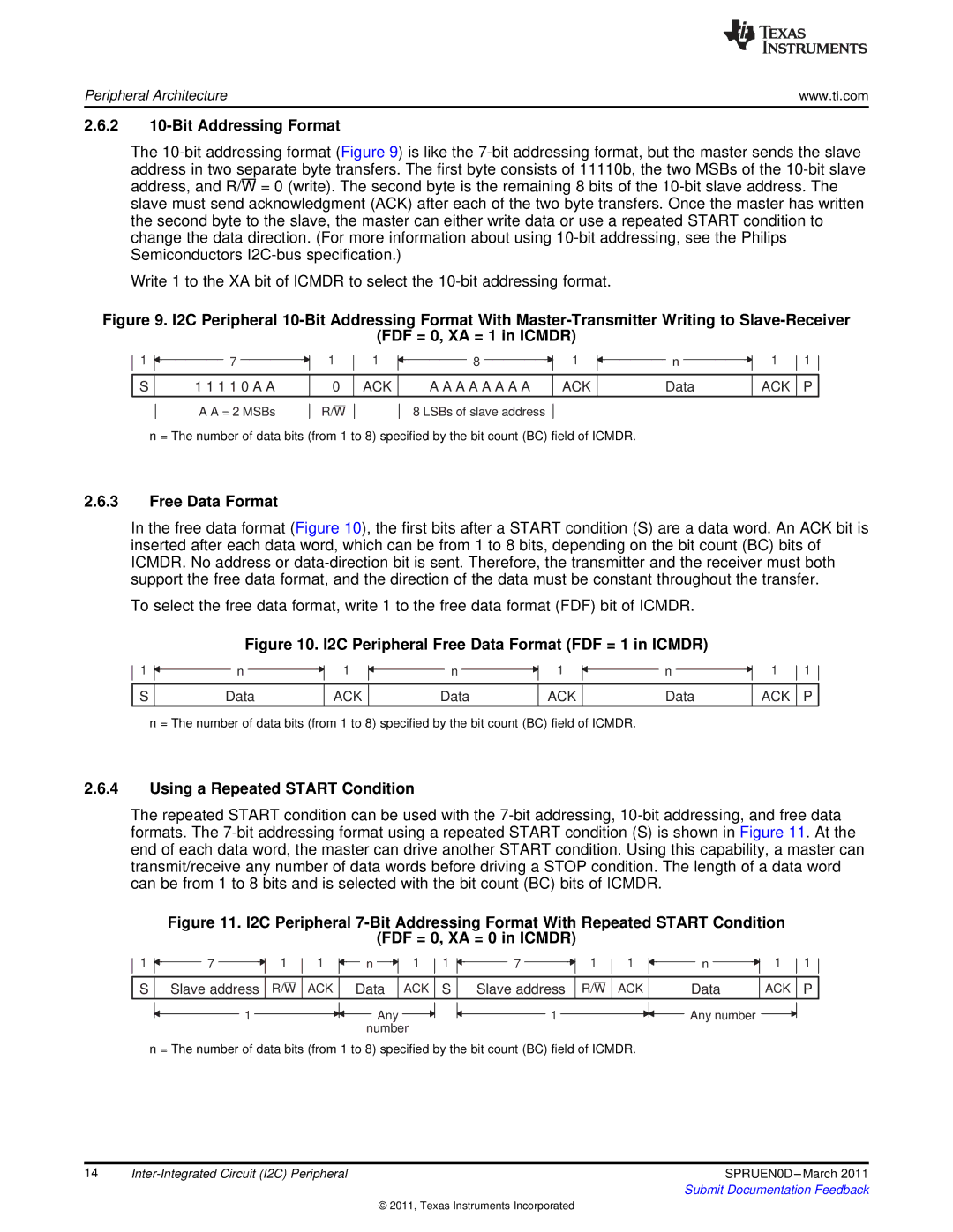 Texas Instruments TMS320C642X manual 2 10-Bit Addressing Format, Free Data Format, Using a Repeated Start Condition, Ack 