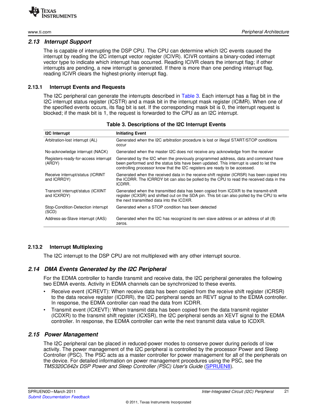 Texas Instruments TMS320C642X manual Interrupt Support, DMA Events Generated by the I2C Peripheral, Power Management 