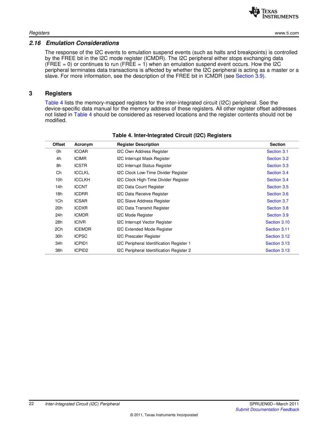 Texas Instruments TMS320C642X manual Emulation Considerations, Inter-Integrated Circuit I2C Registers 