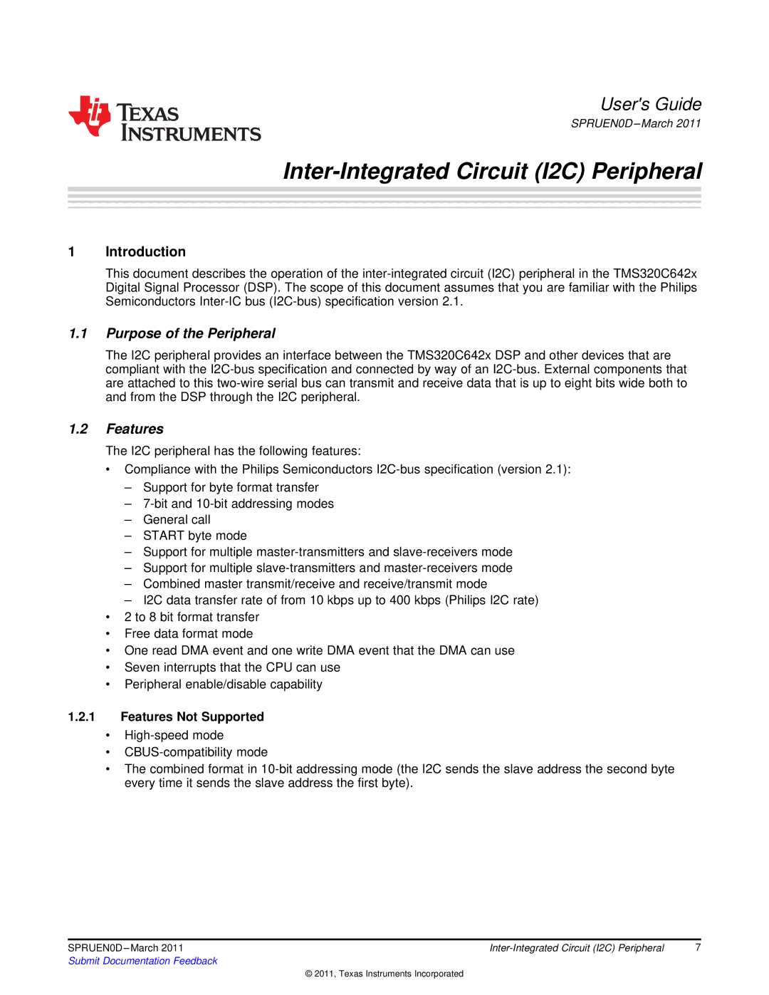 Texas Instruments TMS320C642X manual Purpose of the Peripheral, Features Not Supported 