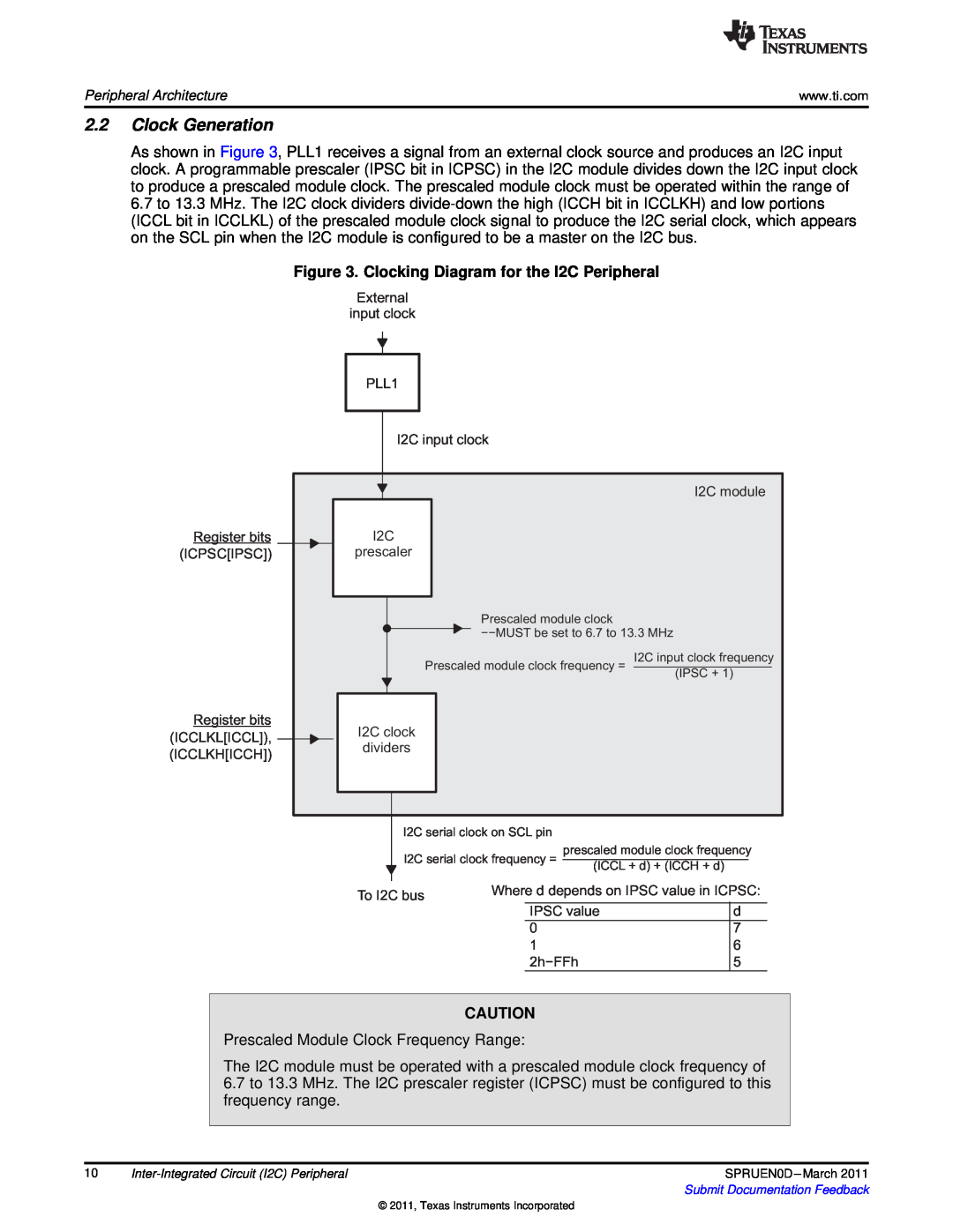 Texas Instruments TMS320C642X manual 2.2Clock Generation, Clocking Diagram for the I2C Peripheral 