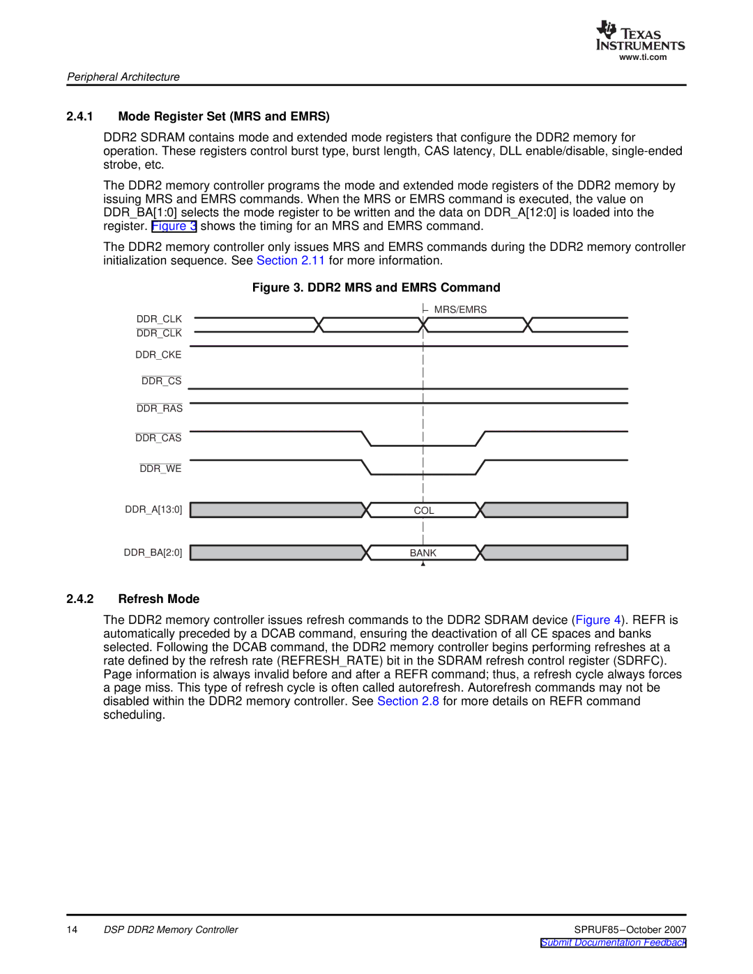 Texas Instruments TMS320C6452 DSP manual Mode Register Set MRS and Emrs, Refresh Mode, Col, Bank 