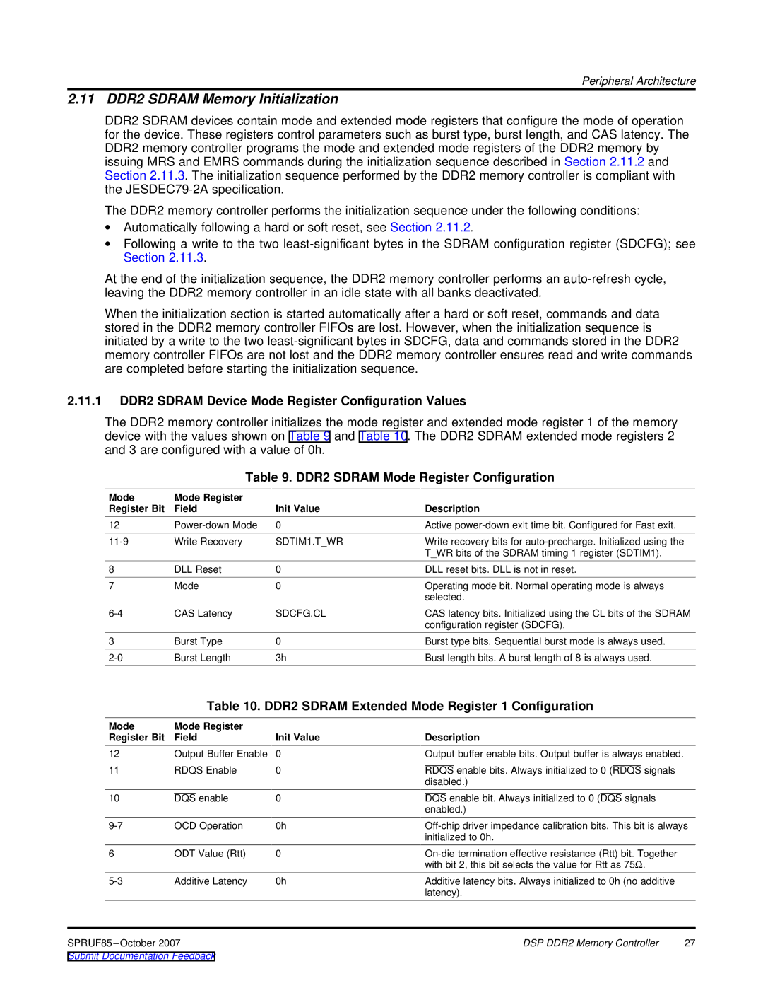 Texas Instruments TMS320C6452 DSP manual 11 DDR2 Sdram Memory Initialization, DDR2 Sdram Mode Register Configuration 