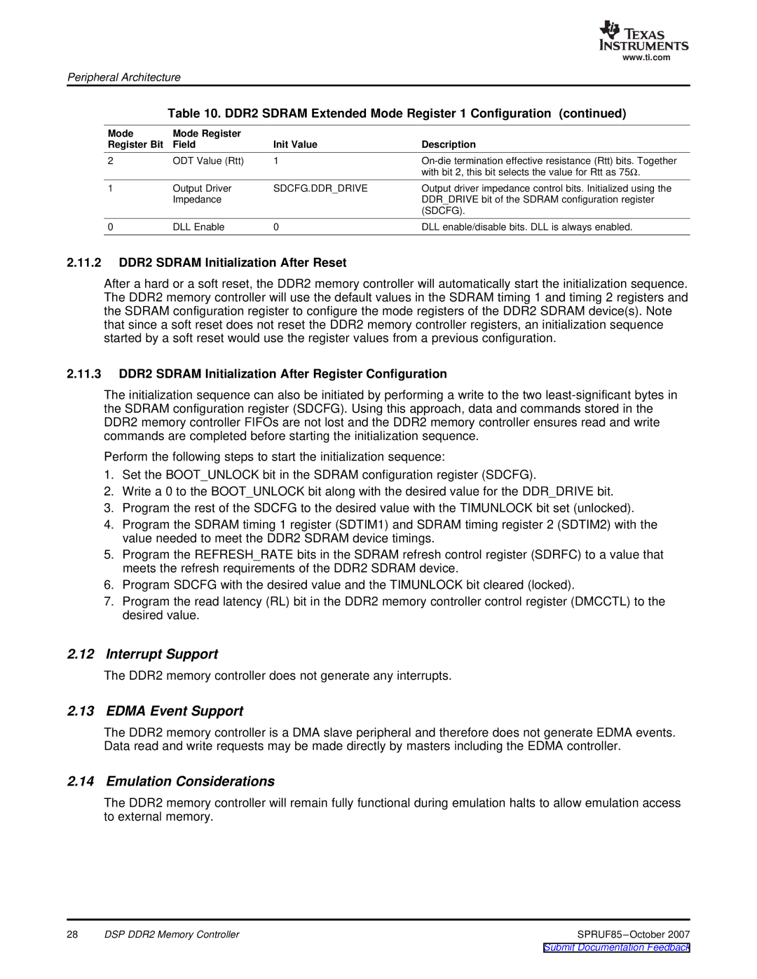 Texas Instruments TMS320C6452 DSP manual Interrupt Support, Edma Event Support, Emulation Considerations 