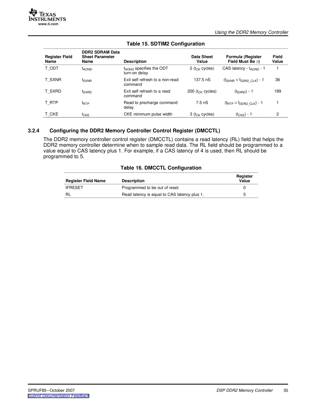 Texas Instruments TMS320C6452 DSP manual SDTIM2 Configuration, Dmcctl Configuration, Name Description 