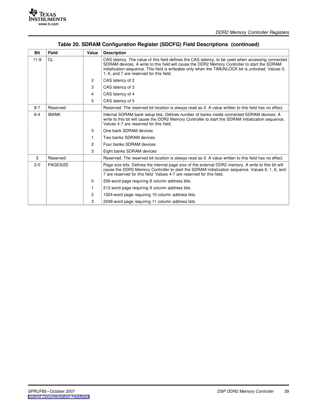 Texas Instruments TMS320C6452 DSP manual Sdram Configuration Register Sdcfg Field Descriptions 