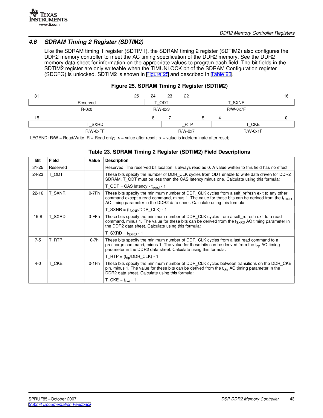 Texas Instruments TMS320C6452 DSP manual Sdram Timing 2 Register SDTIM2 Field Descriptions, Todt Tsxnr, Tsxrd Trtp Tcke 