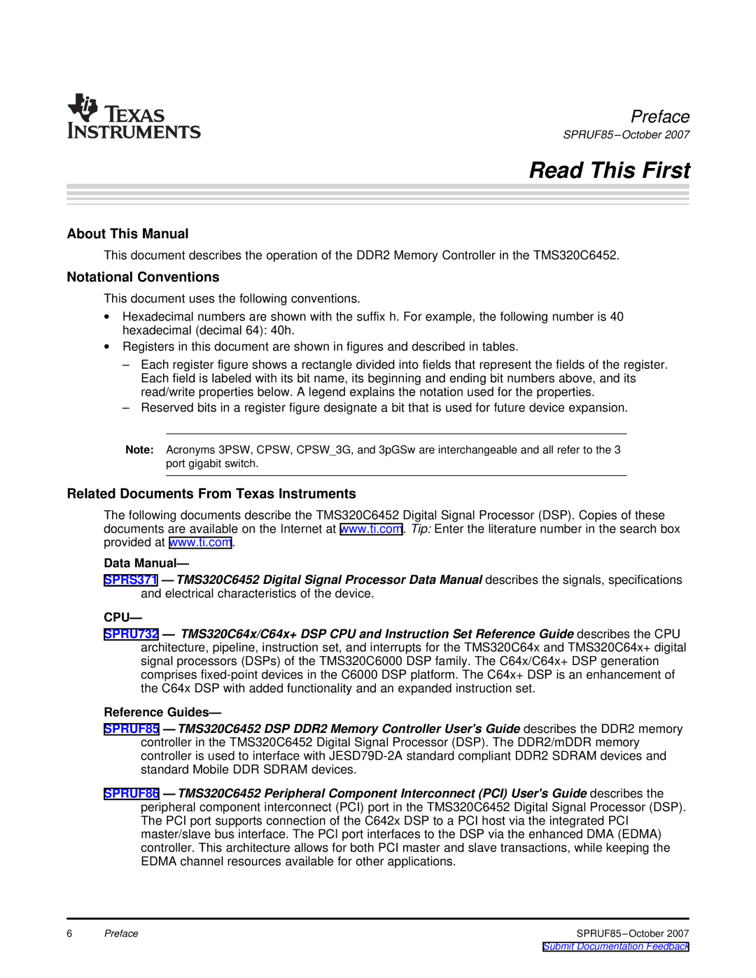 Texas Instruments TMS320C6452 DSP manual Data Manual, Reference Guides 