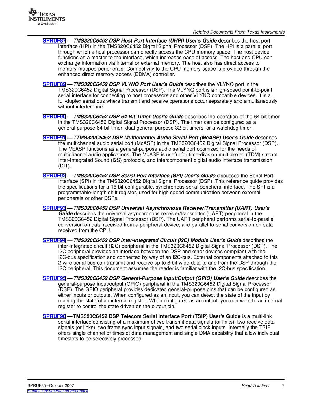 Texas Instruments TMS320C6452 DSP manual Related Documents From Texas Instruments 