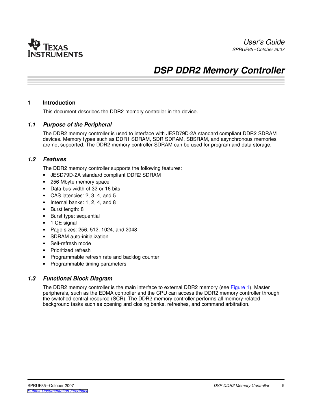 Texas Instruments TMS320C6452 DSP manual Purpose of the Peripheral, Features, Functional Block Diagram 