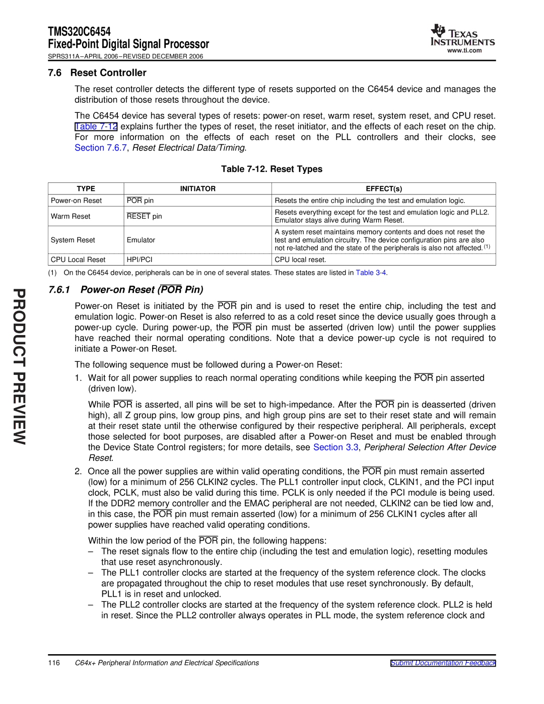 Texas Instruments TMS320C6454 warranty Reset Controller, Power-on Reset POR Pin, Reset Types, Type Initiator, EFFECTs 