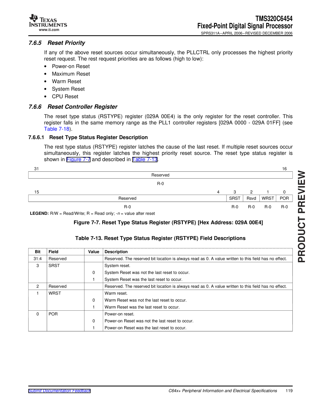 Texas Instruments TMS320C6454 warranty Reset Priority, Reset Controller Register, Reset Type Status Register Description 